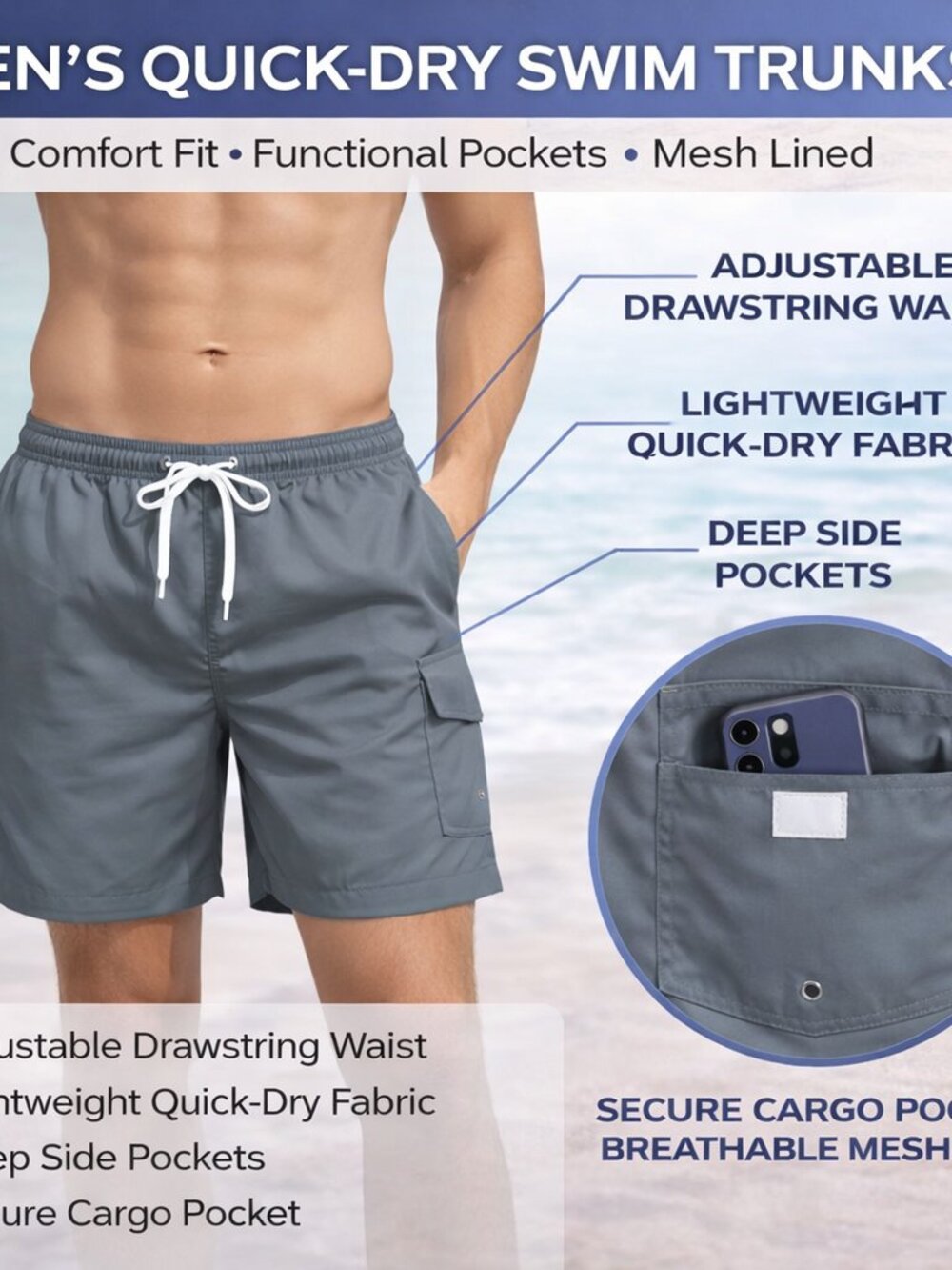 Men Swim Trunks, Men Board Shorts Cargo Pocket Bathing Suit Olive & Navy, 2-Pack - Picture 11 of 12